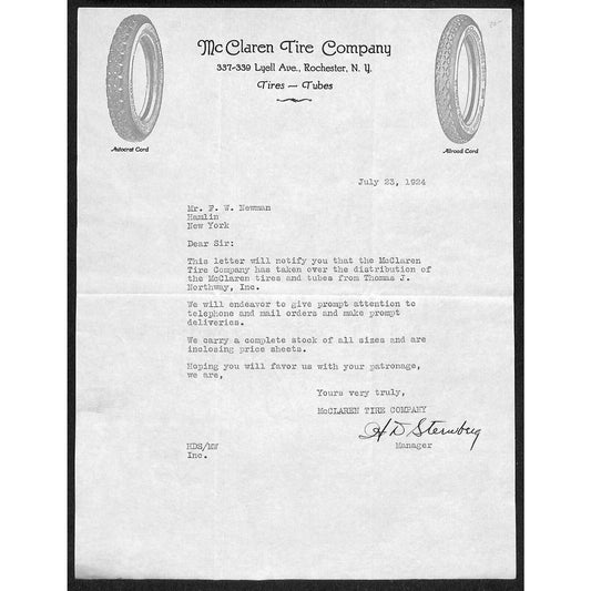 McClaren Tire Co. Lyell Ave. Rochester, NY 1924 Letterhead Tire Vignettes Scarce