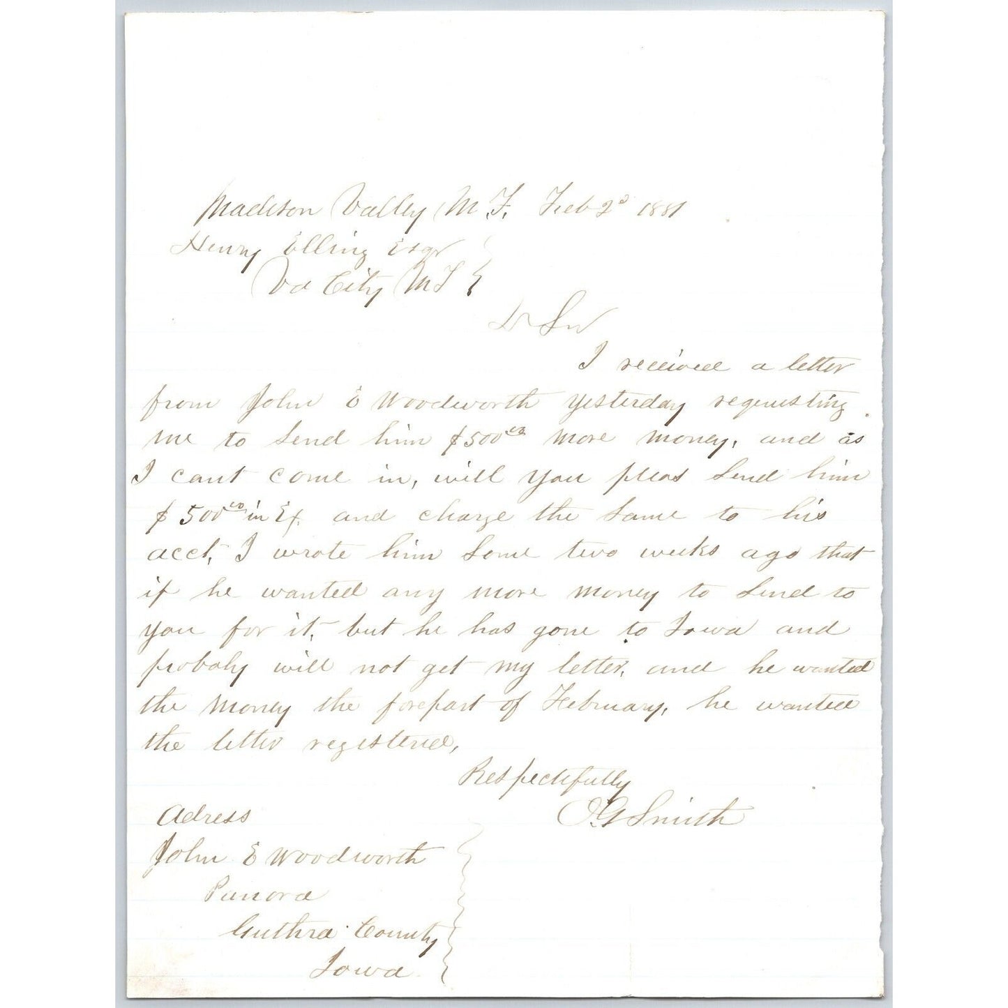 1881 ALS ?? Smith to Henry Elling* Virginia City, MT re: Will You Send Him $500