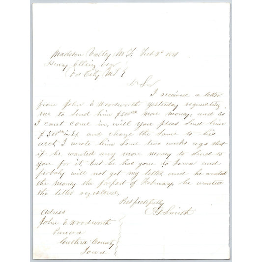 1881 ALS ?? Smith to Henry Elling* Virginia City, MT re: Will You Send Him $500