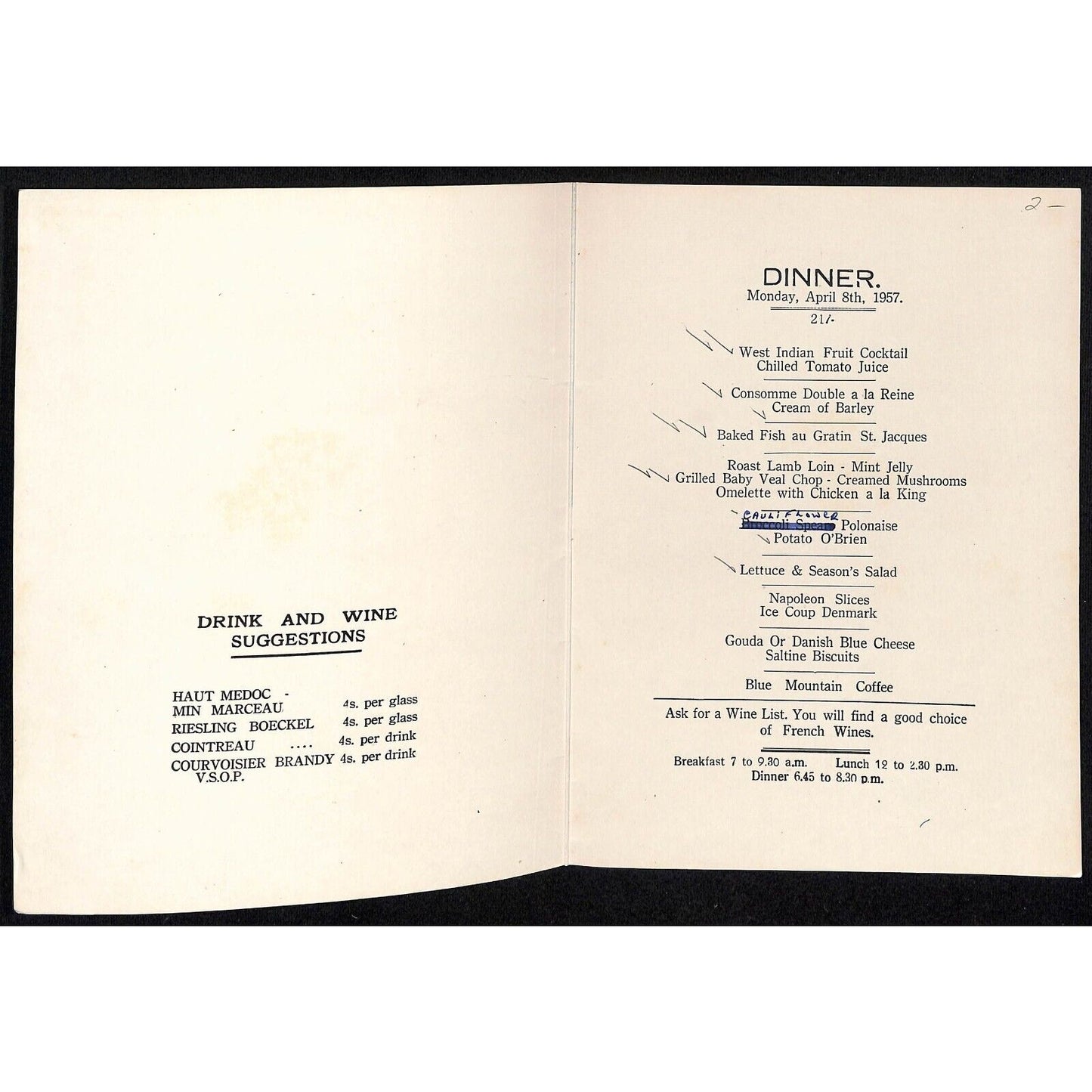Myrtle Bank Hotel Kingston, Jamaica April 8, 1957 Dinner Menu