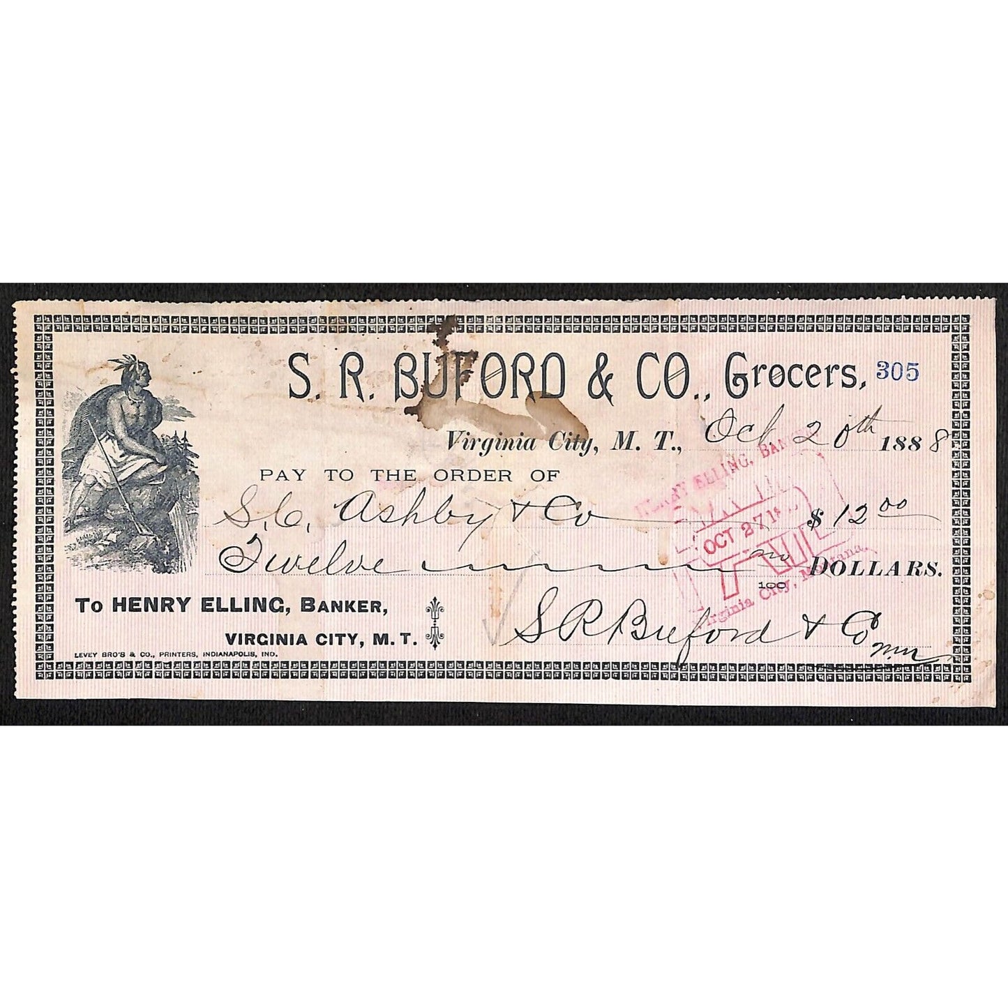 1888 Henry Elling Virginia City Montana Territory S.R. Buford Grocers Check #305