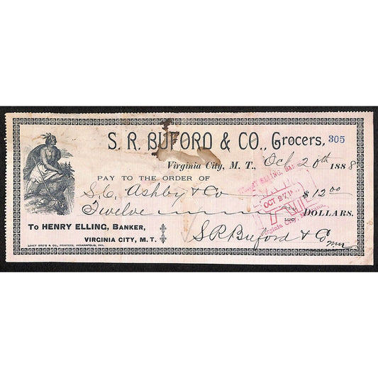 1888 Henry Elling Virginia City Montana Territory S.R. Buford Grocers Check #305