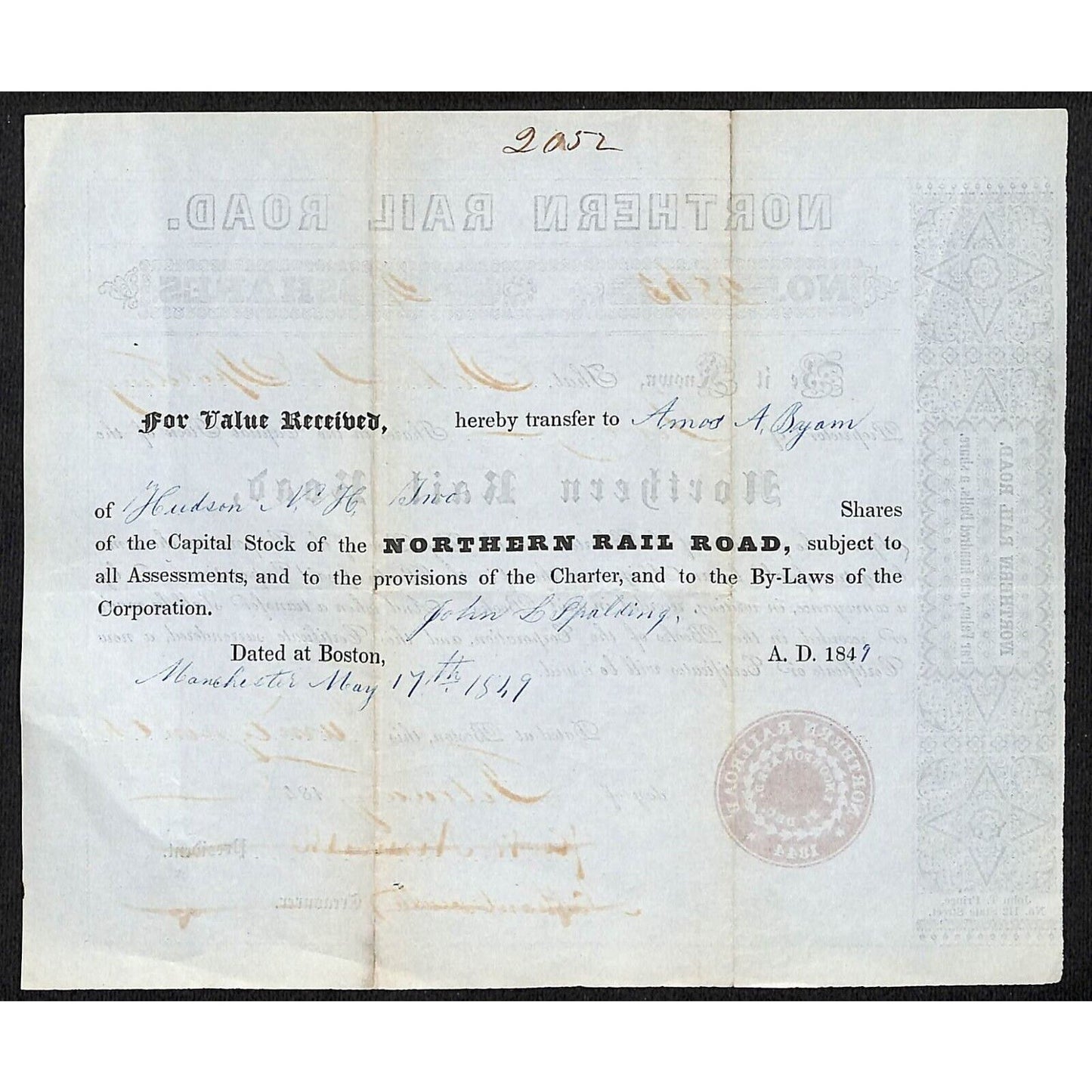 Northern Rail Road 1848 Stock Certificate John L. Spaulding