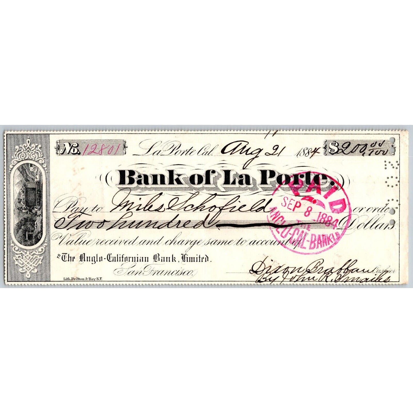 Bank of La Porte Check Miles Schofield 1884 Mining Vignette #12801