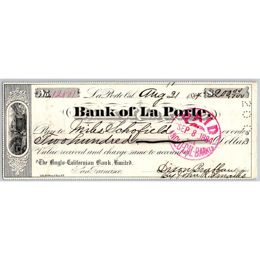 Bank of La Porte Check Miles Schofield 1884 Mining Vignette #12801