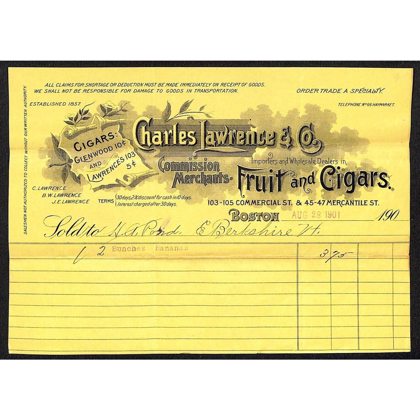 Charles Lawrence & Co Boston "Fruit and Cigars" 1901 Billhead to H.A. Pond