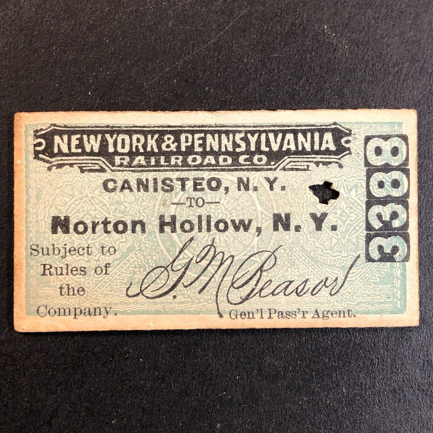 New York & Pennsylvania Railroad July 2 1917 Norton Hollow Ticket #3388 Scarce