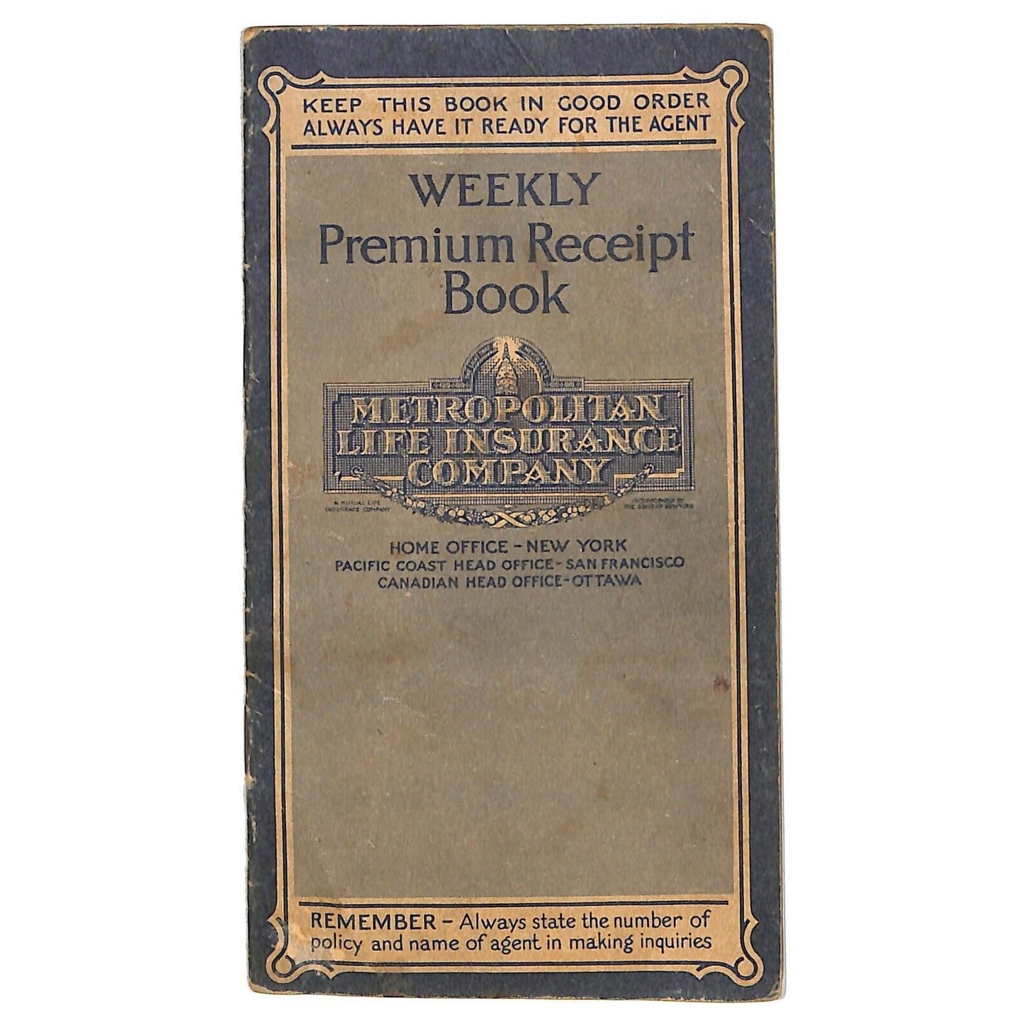 Metropolitan Life Ins. Weekly Premium Receipt Book 12pp 1929