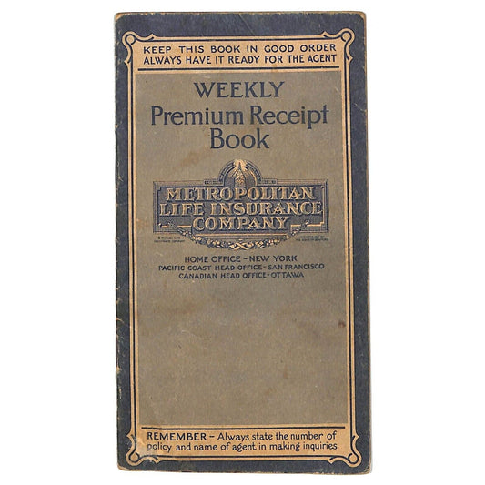 Metropolitan Life Ins. Weekly Premium Receipt Book 12pp 1929