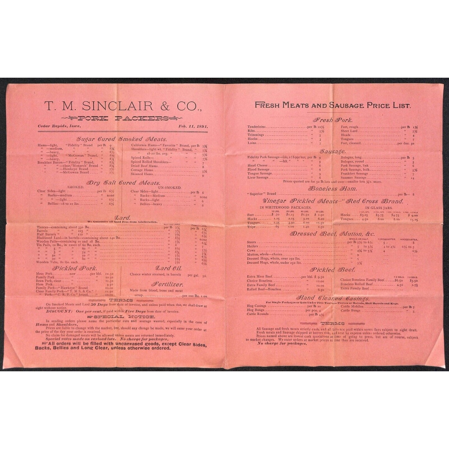 T.M. Sinclair & Co. Pork Packers Cedar Rapids, IA 1891 Whsle. Price Sheet Scarce