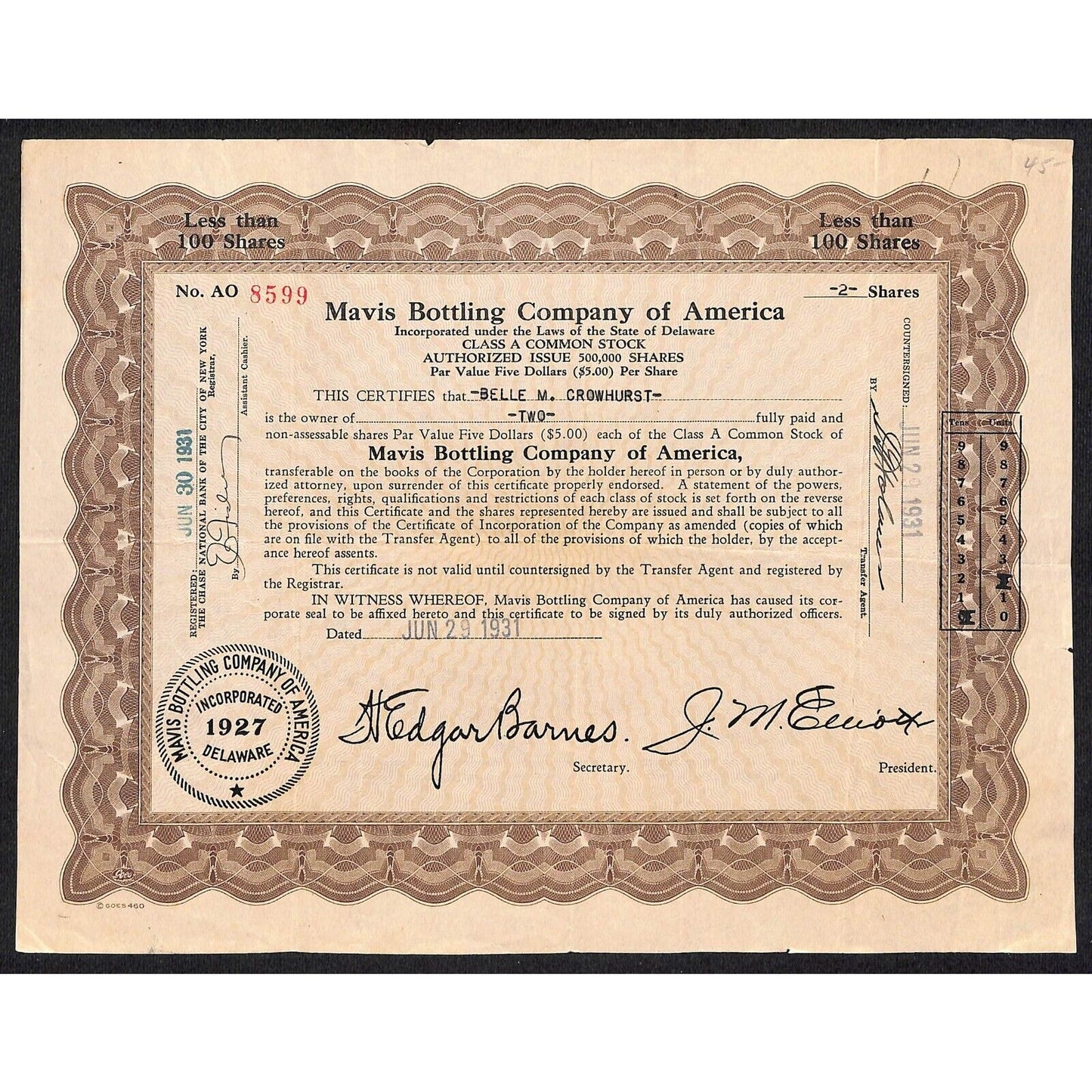 Mavis Bottling Co. of America - Pepsi* 1931 Stock Certificate Belle M. Crowhurst