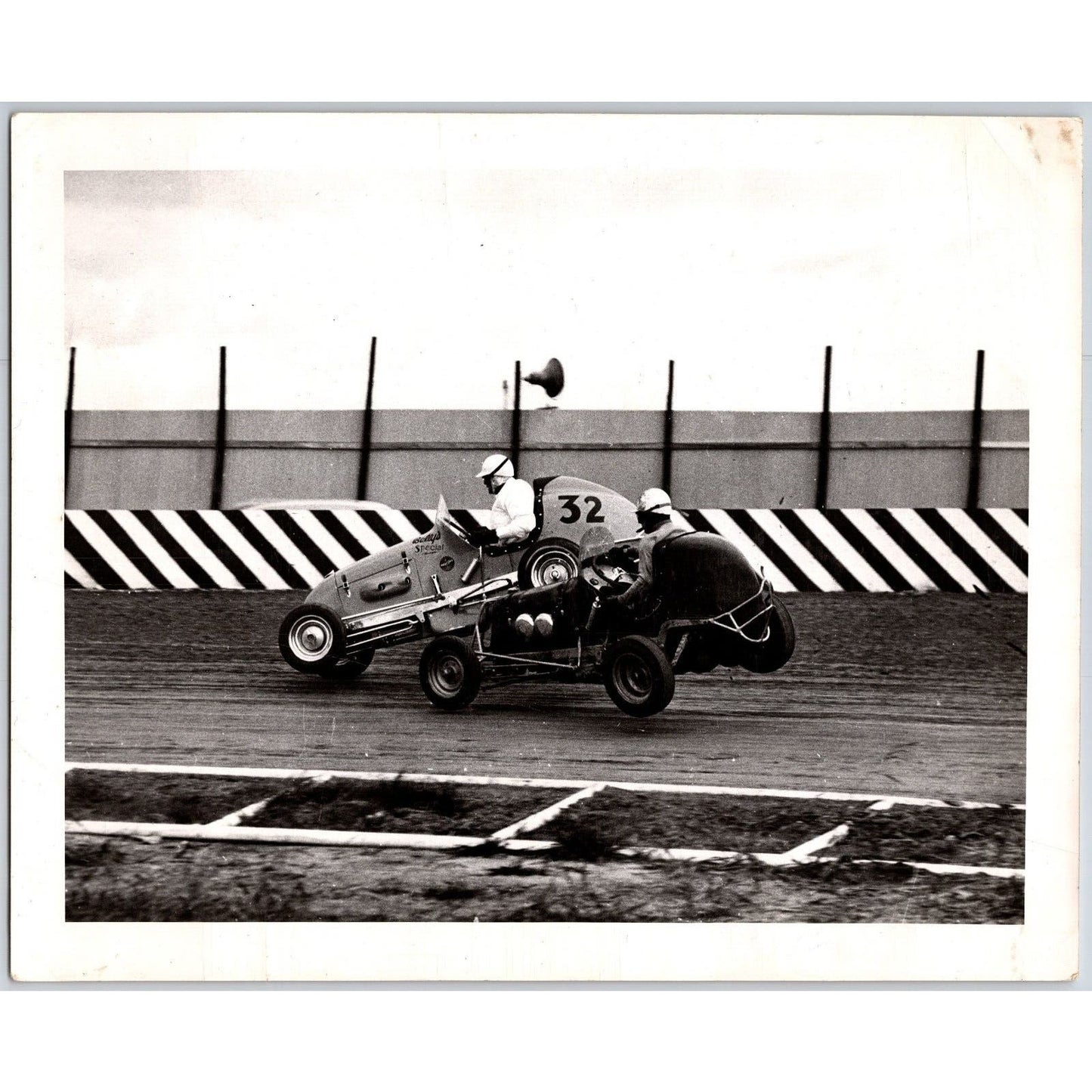 2 Car Collision Dirt Track Auto Racing c1940's 8"x10" Photo Stamped Gene Gauss