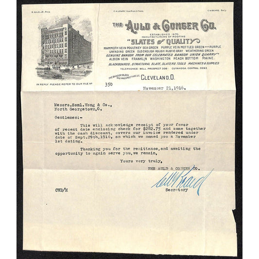 Auld & Conger Co. Cleveland Slates 1916 ALS Samuel Wang* N. Georgetown OH