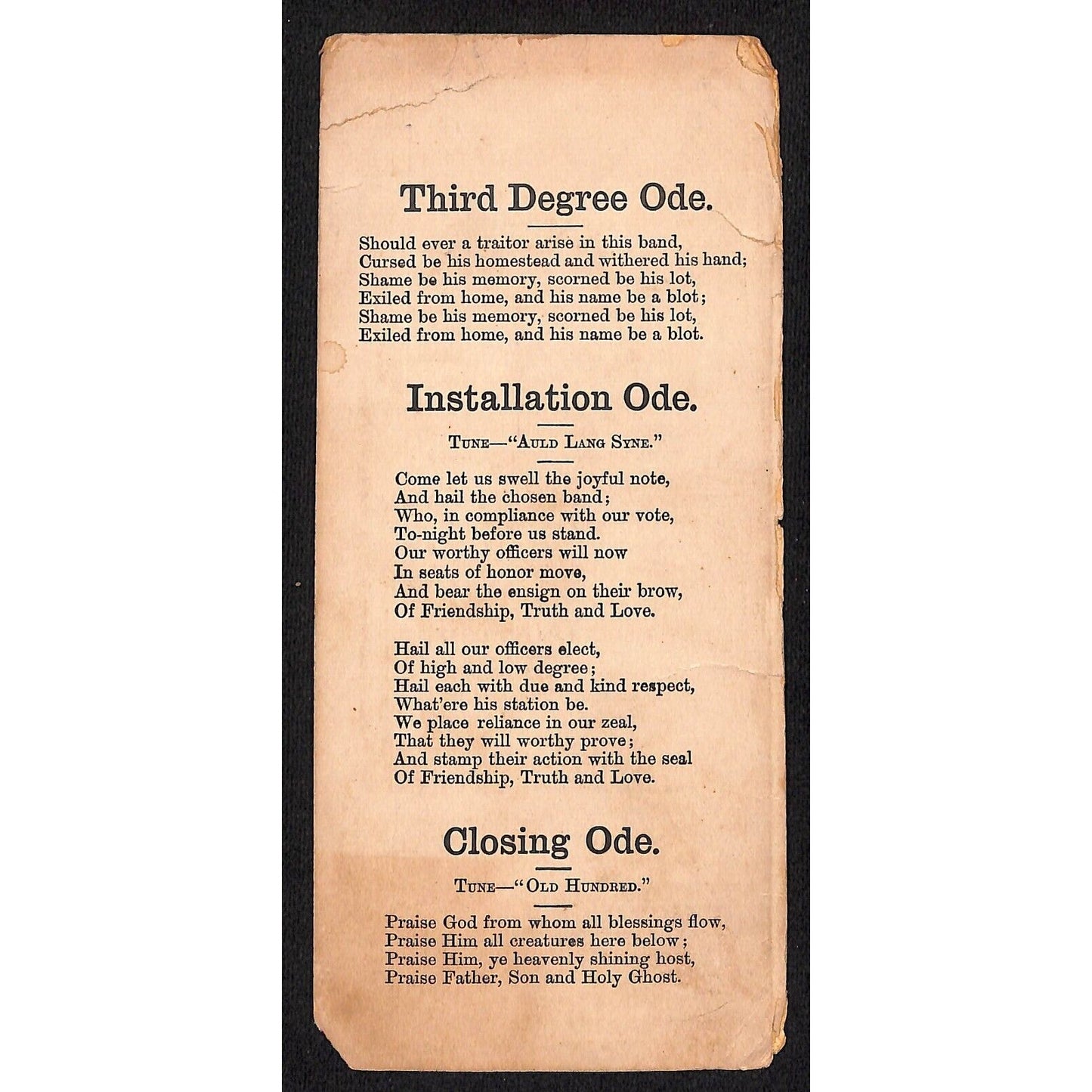 c1900-1920 ? Religious / Fraternal ? "Third Degree Ode" "Installation Ode" Card