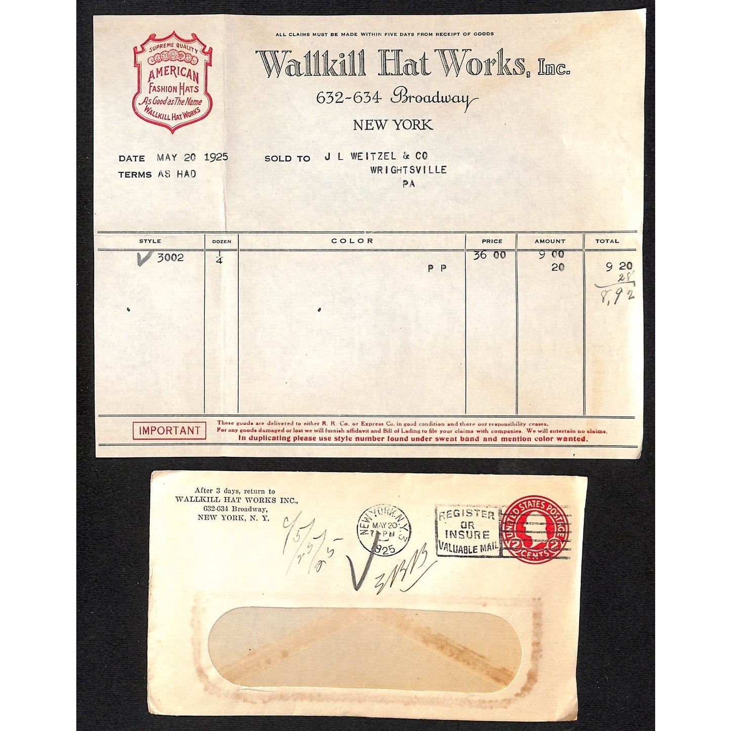 Wallkill Hat Works 632 634 Broadway NYC Weitzel 1925 Billhead + Cover