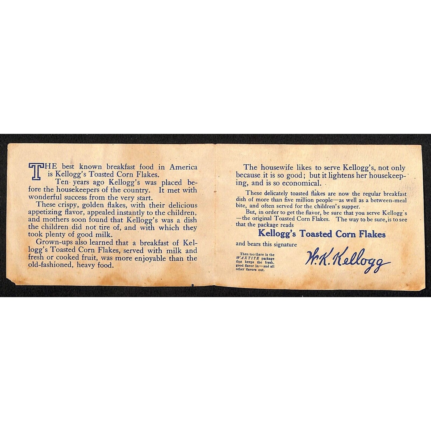 Kellogg's Toasted Corn Flakes 3" x 4 1/2" Cover ONLY from 1915 Booklet