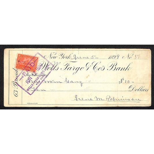 1899 Wells Fargo & Co Bank 63 Broadway NYC Check #17 w/ Rev Stamp William Ganz