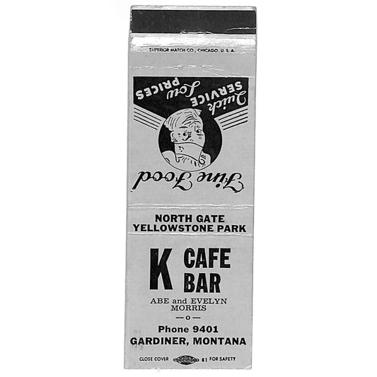 Gardiner Montana Matchbook Cover K Cafe Bar Abe Evelyn Morris c1940's-50's