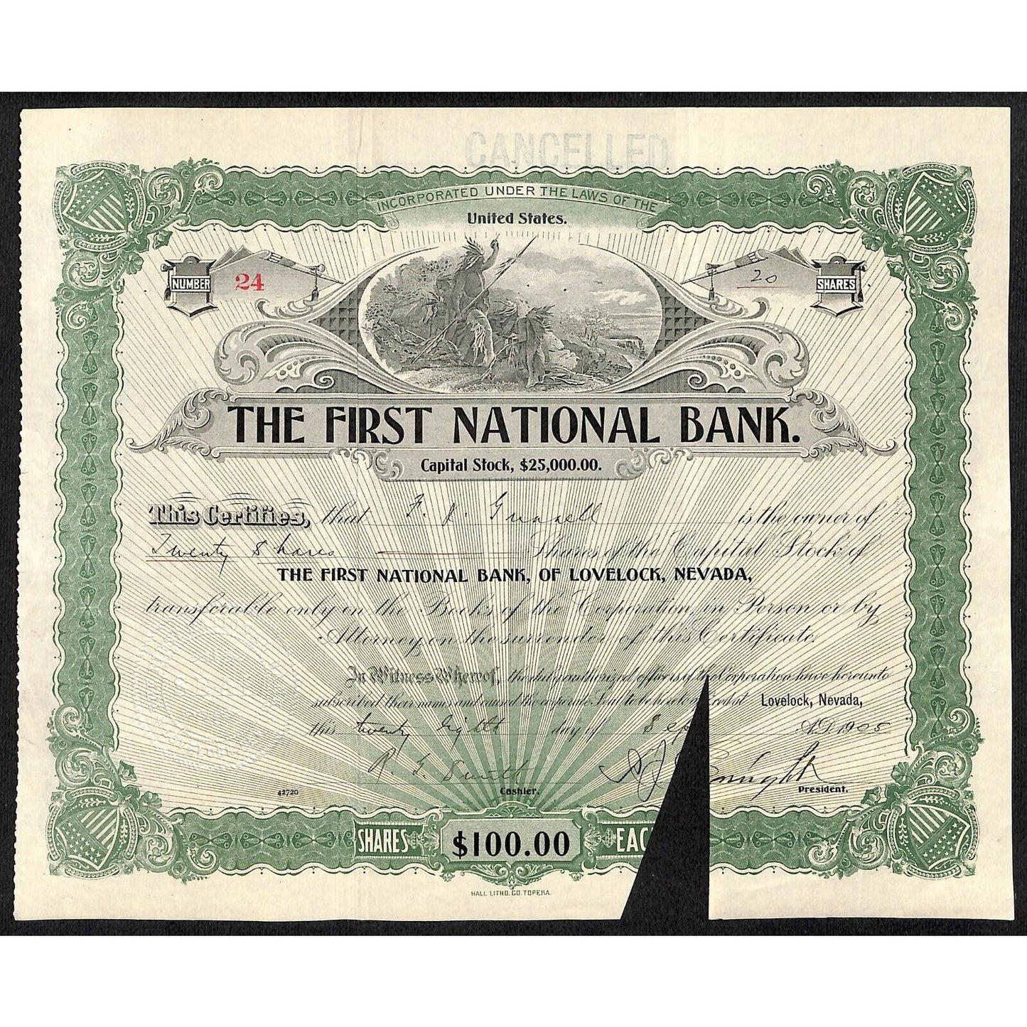 First National Bank of Lovelock, NV 1905 Stock Certificate to: F.I. Gunnell *