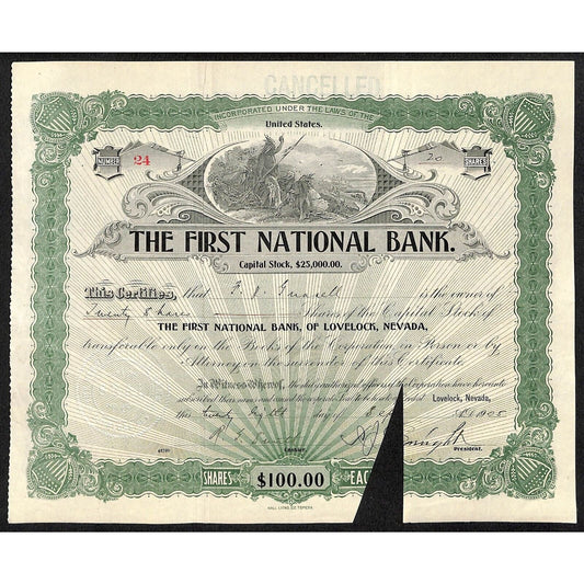 First National Bank of Lovelock, NV 1905 Stock Certificate to: F.I. Gunnell *