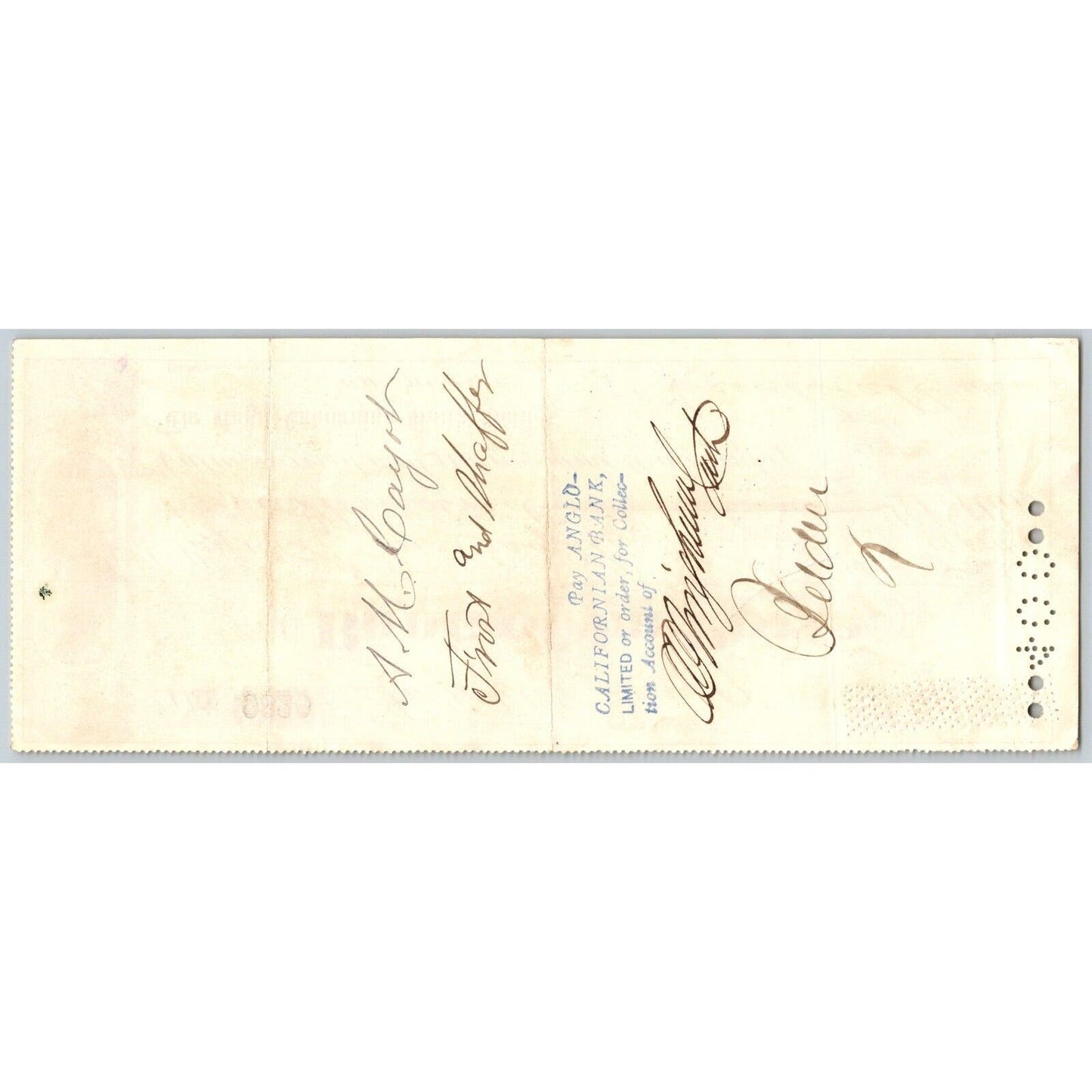 Bank of La Porte Check A.M. Cayor ? 1882 Mining Vignette RN-G1 Rev Stamp #9820