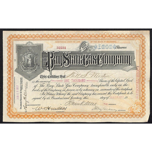 Bay State Gas Company Delaware 1917 Stock Certificate Will S. Martin Orange