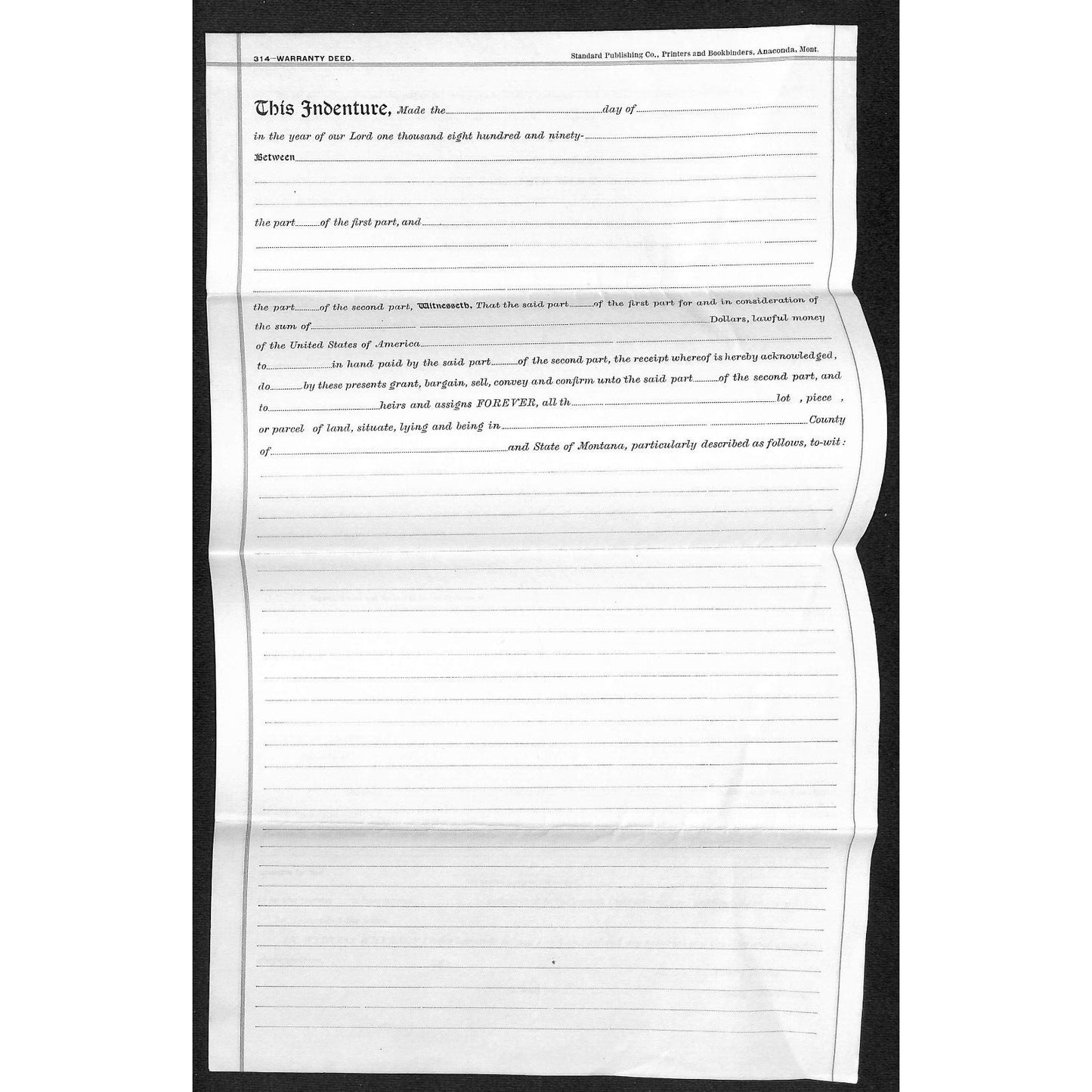 1890's 189x Unused Warranty Deed (Montana Printer) VGC