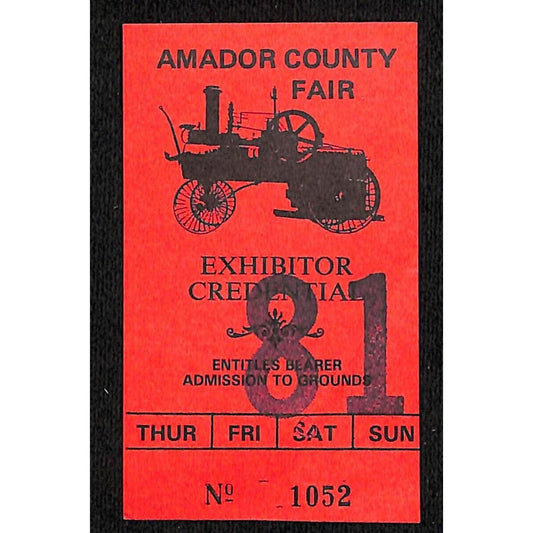 Amador County Fair Exhibitor Credential Grounds Admission Ticket Stub 1981 #1052