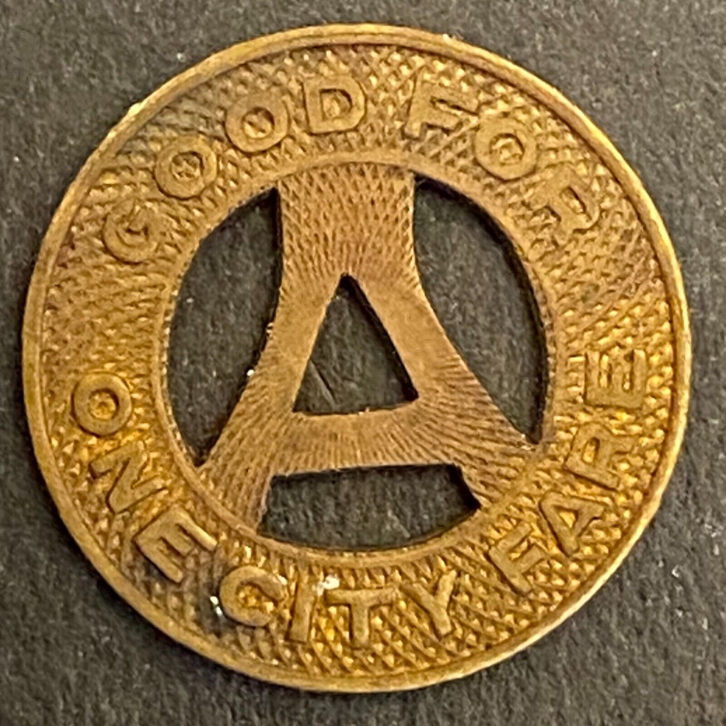 A.T. Co. Akron Transit Company G/F One City Fare Transit Token c1936 (#2) 16mm