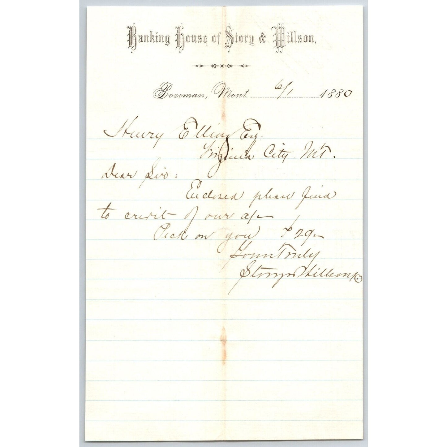 Banking House of Story & Nelson Bozeman, MT 6/1 1880 Letterhead Henry Elling*