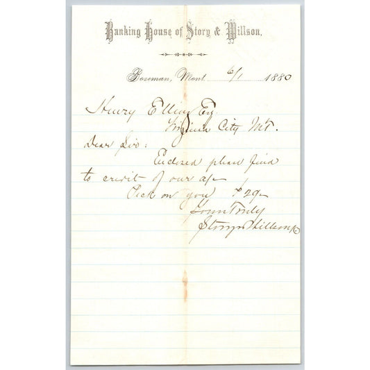 Banking House of Story & Nelson Bozeman, MT 6/1 1880 Letterhead Henry Elling*