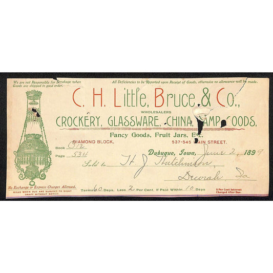 C.H. Little, Becker Co Crockery China Hutchinson Decorah, IA* Cut 1898 Billhead
