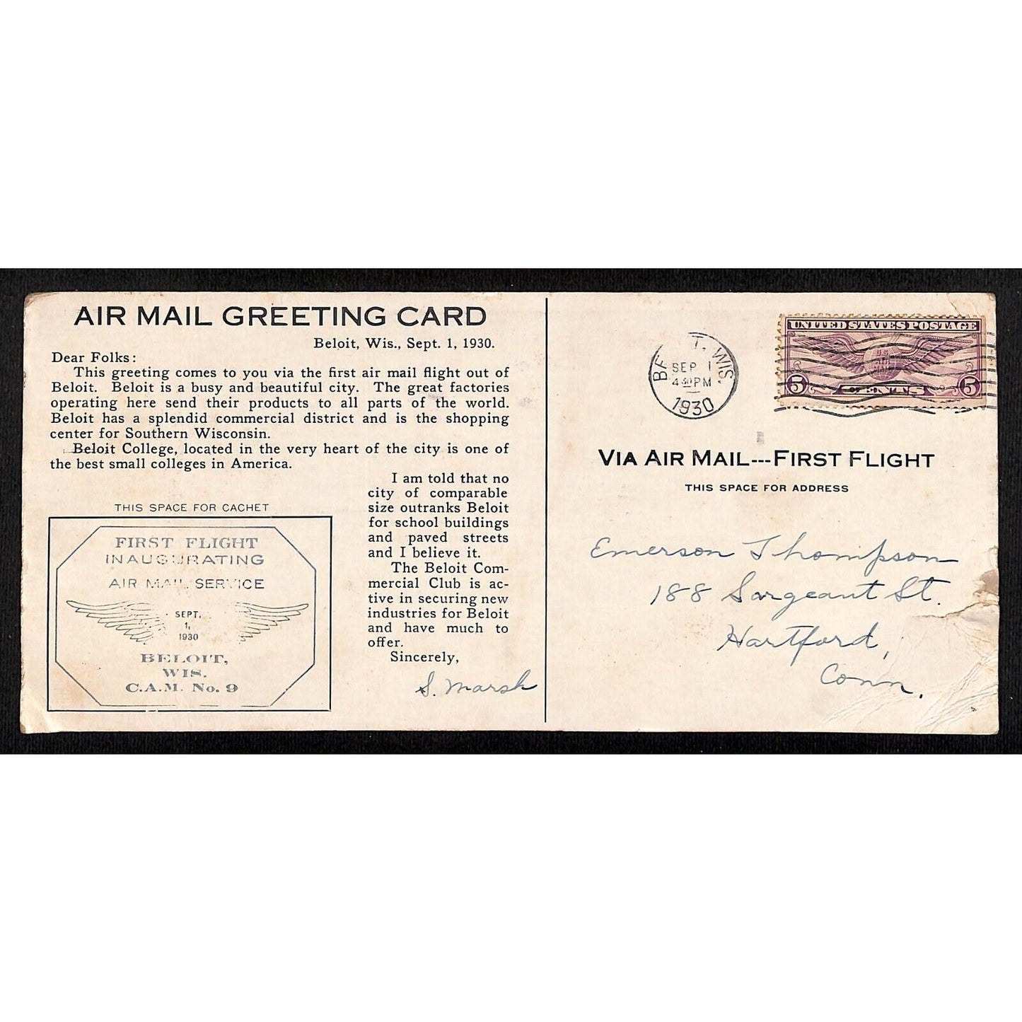 "Airplane View of Beloit, WI" 1930 1st Flight Long Air Mail Postcard Scarce