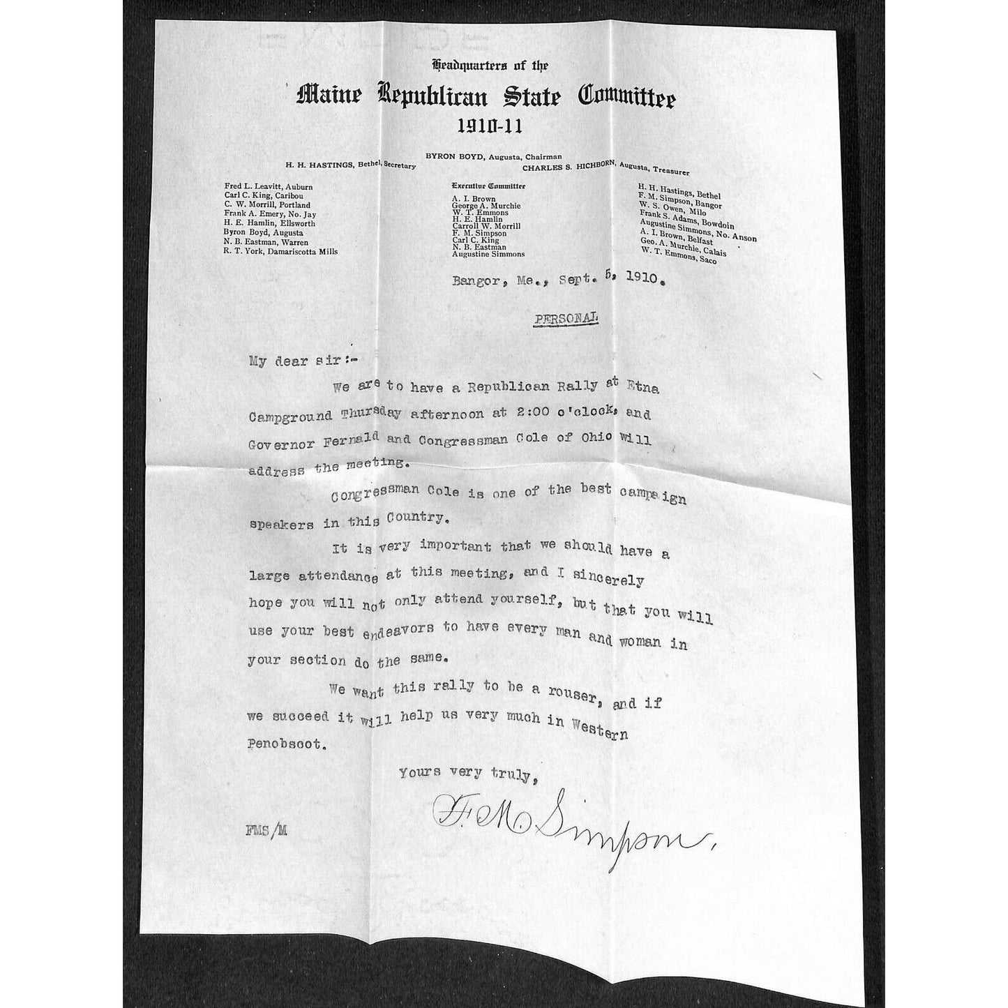 Maine Republican State Committee Letterhead & Cover 1910 VGC Knowlton*