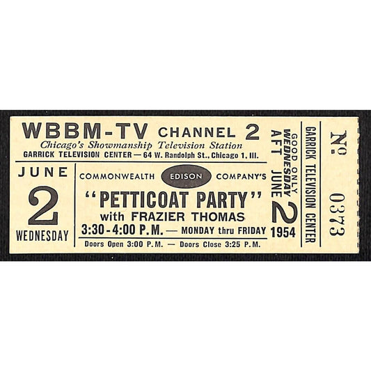 1954 WBBM-TV Channel 2 Chicago "Petticoat Party" Ticket #0373 Scarce