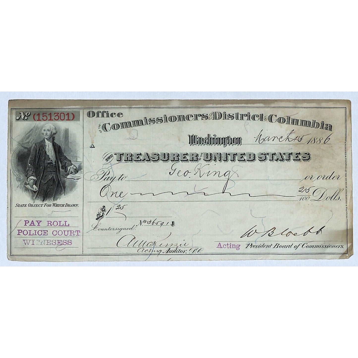 1886 U.S. Treasurer District of Columbia Washington Commissioners Check