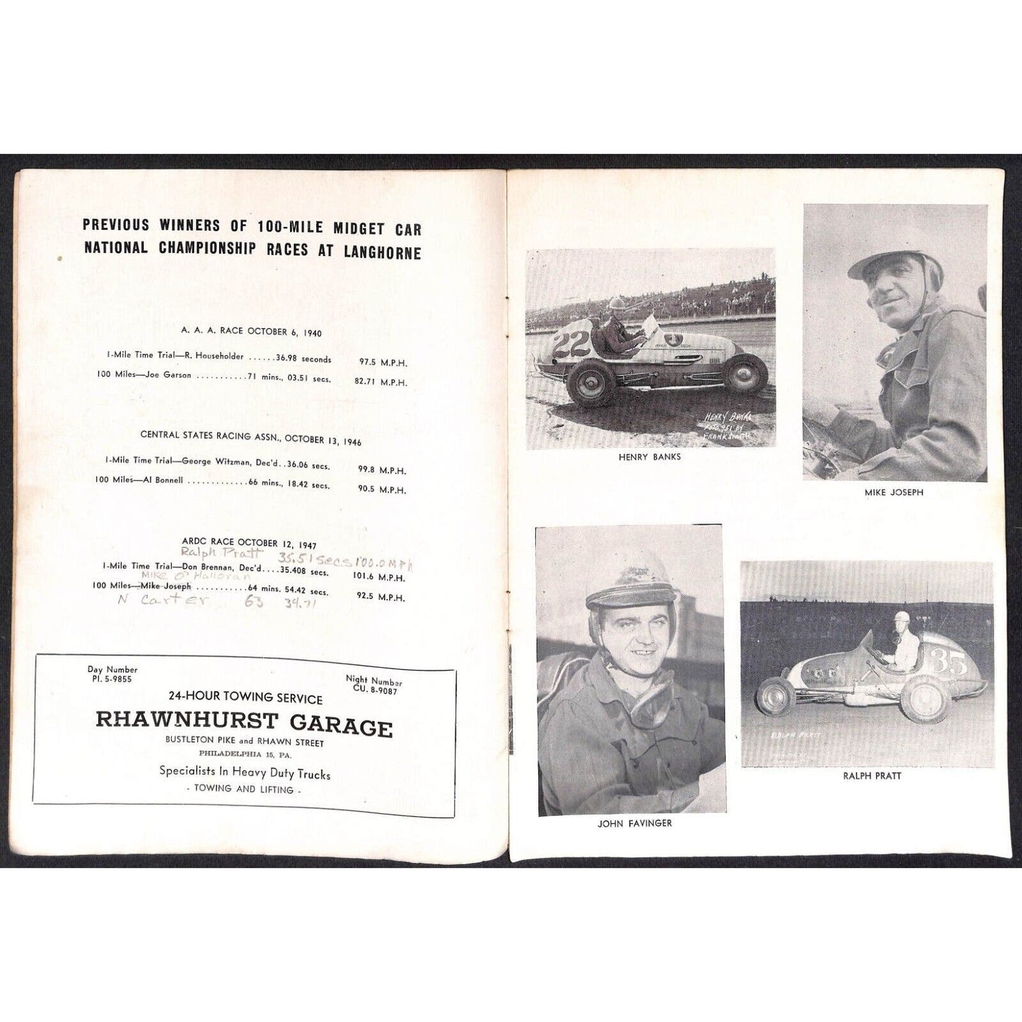 Langhorne Speedway 1948 ? AAA 100-Mile Championship Midget Races Program 12pp*