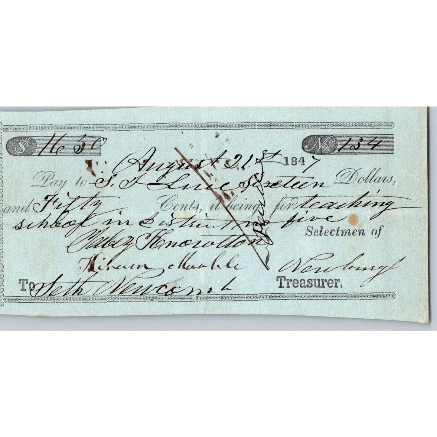 1847 Jabez Knowlton* Newburgh ME Town Check for Teaching School
