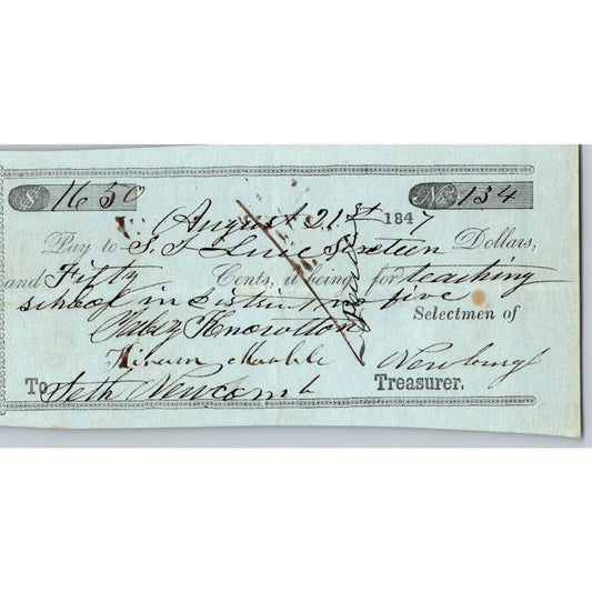 1847 Jabez Knowlton* Newburgh ME Town Check for Teaching School