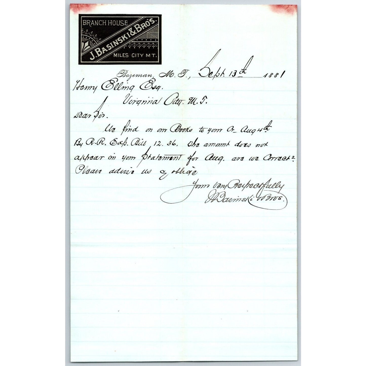 J. Basinski & Bros. Bozeman, MT (Dry Goods) 9/13 1881 Letterhead Henry Elling*