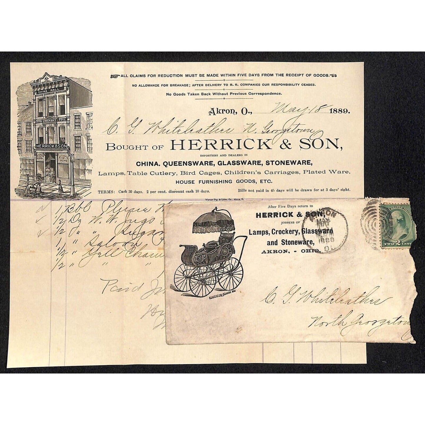 Herrick & Son Akron, OH Whiteleather * N. Georgetown, OH 1889 Billhead & Cover*