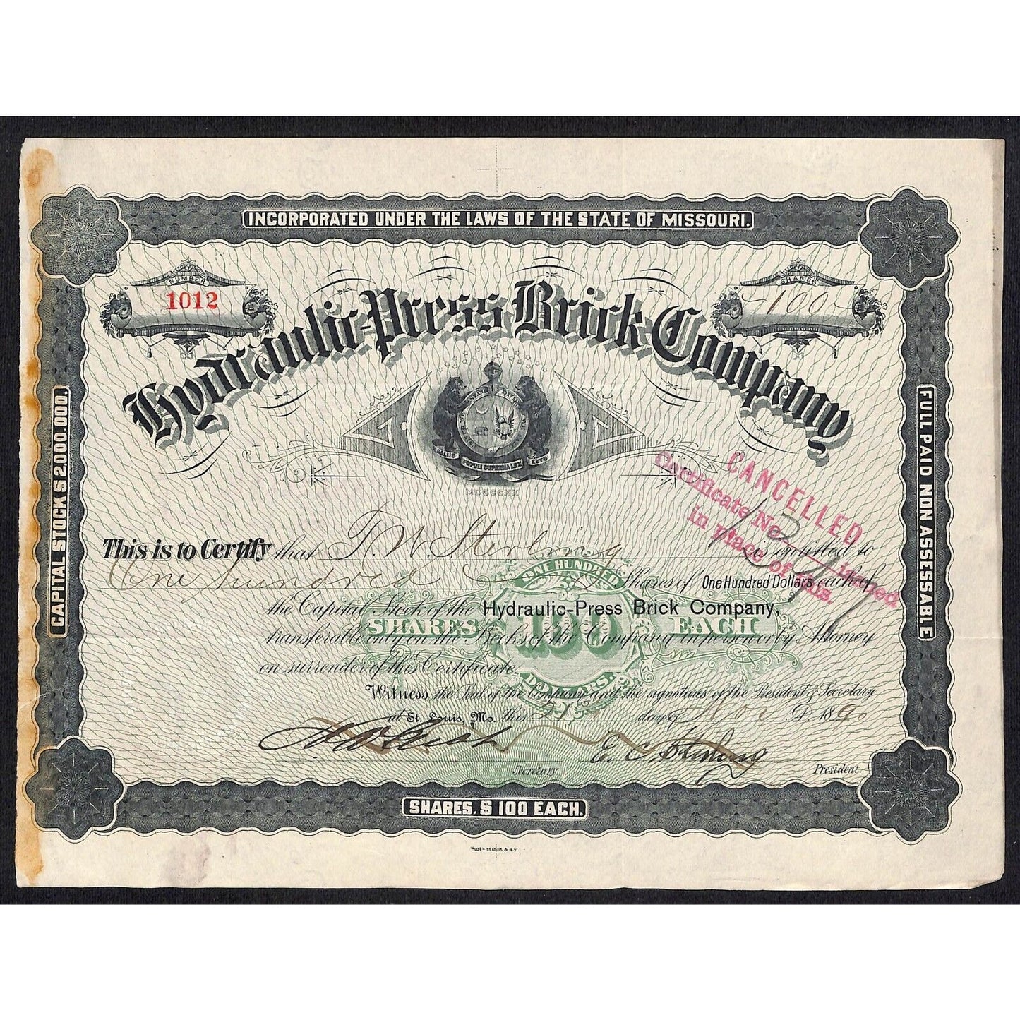 Hydraulic Press Brick Co St. Louis, MO 1890 Stock Certificate Sterling* Scarce