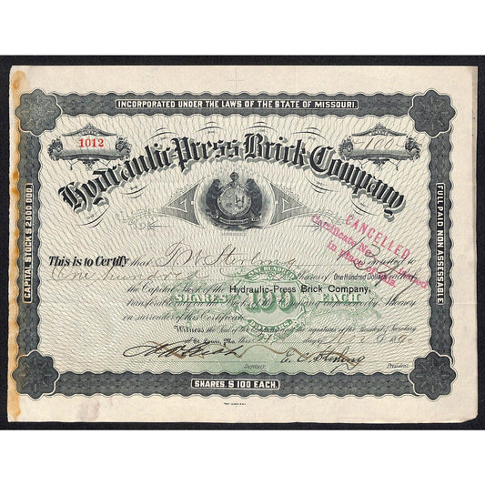 Hydraulic Press Brick Co St. Louis, MO 1890 Stock Certificate Sterling* Scarce