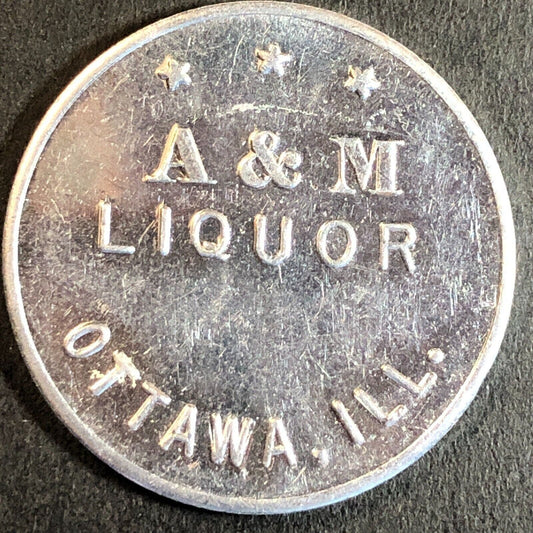 A&M Liquor Ottawa, IL Alum G/F 25c Trade Token 28.5mm Scarce c1940's-50's