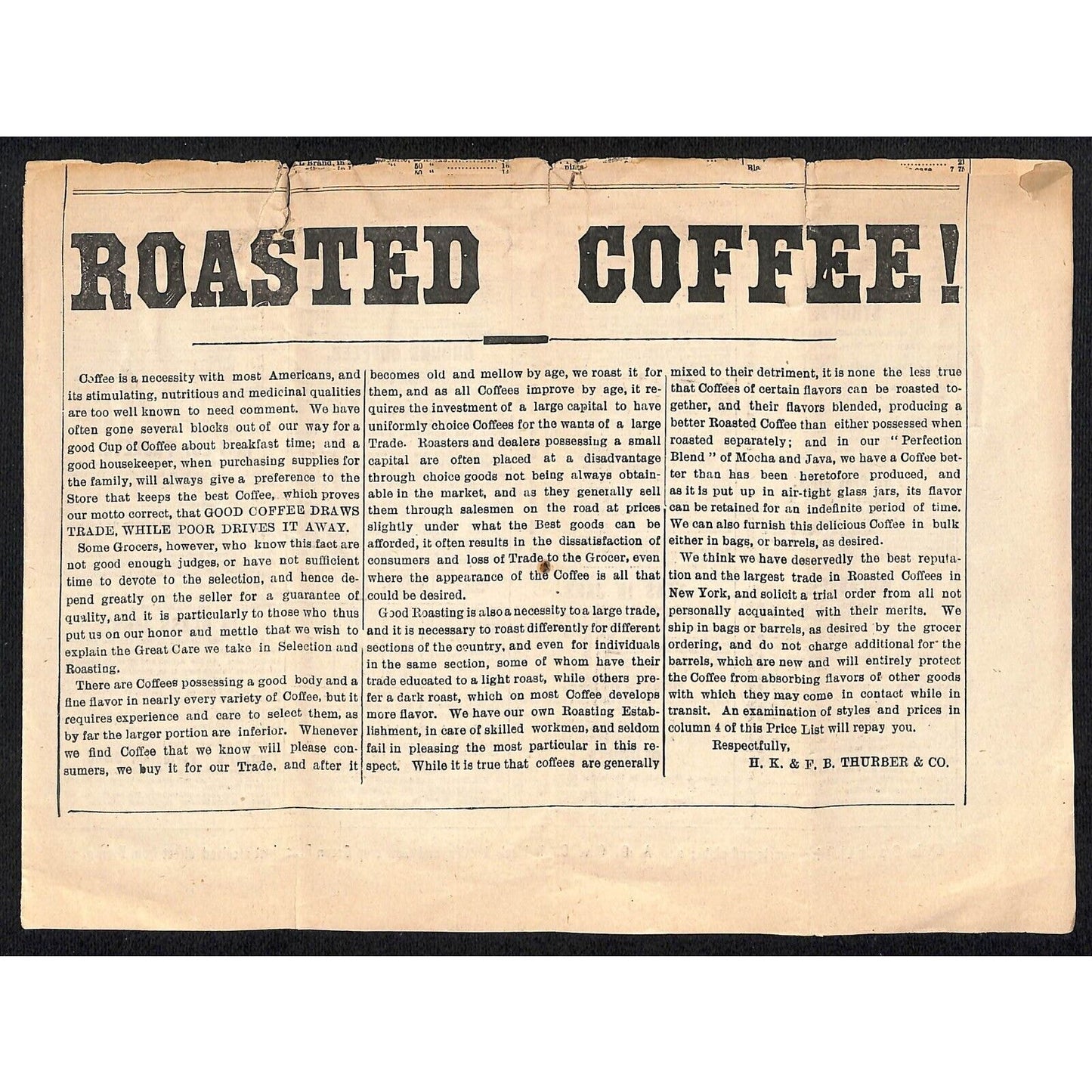 H.K. & F.B. Thurber & Co NYC 1880 Newspaper-Style Whsl. Food Price List TORN*