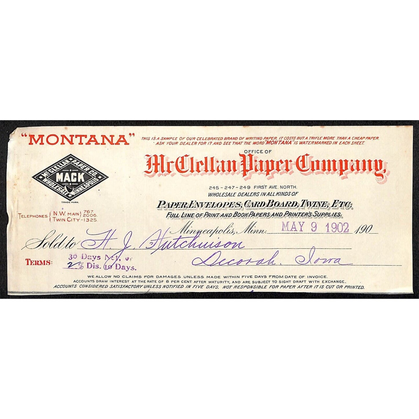 McClellan Paper Co MN HJ Hutchinson Decorah IA* Cut 1902 Billhead