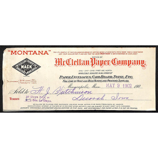 McClellan Paper Co MN HJ Hutchinson Decorah IA* Cut 1902 Billhead