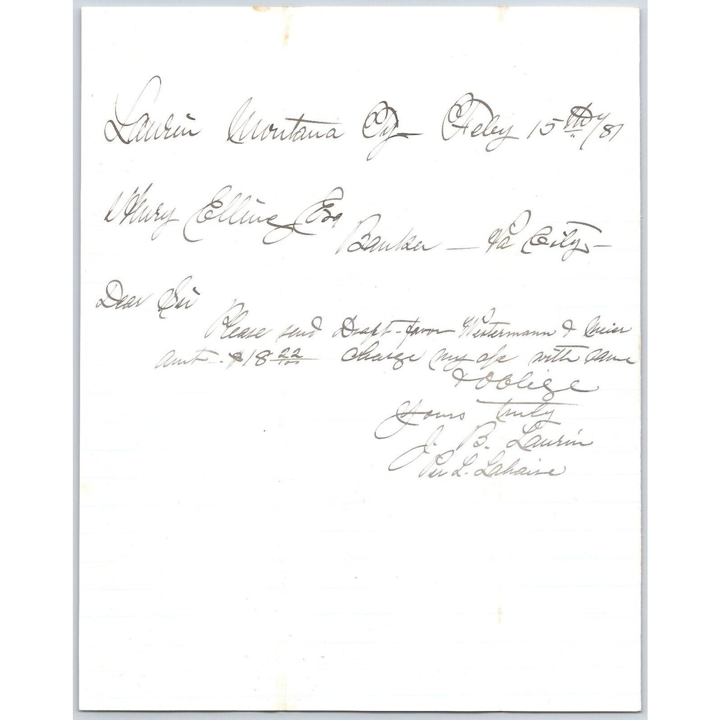 Feb 15 1881 ALS from J.B. Laurin** Laurin, MT to Henry Elling* Virginia City, MT