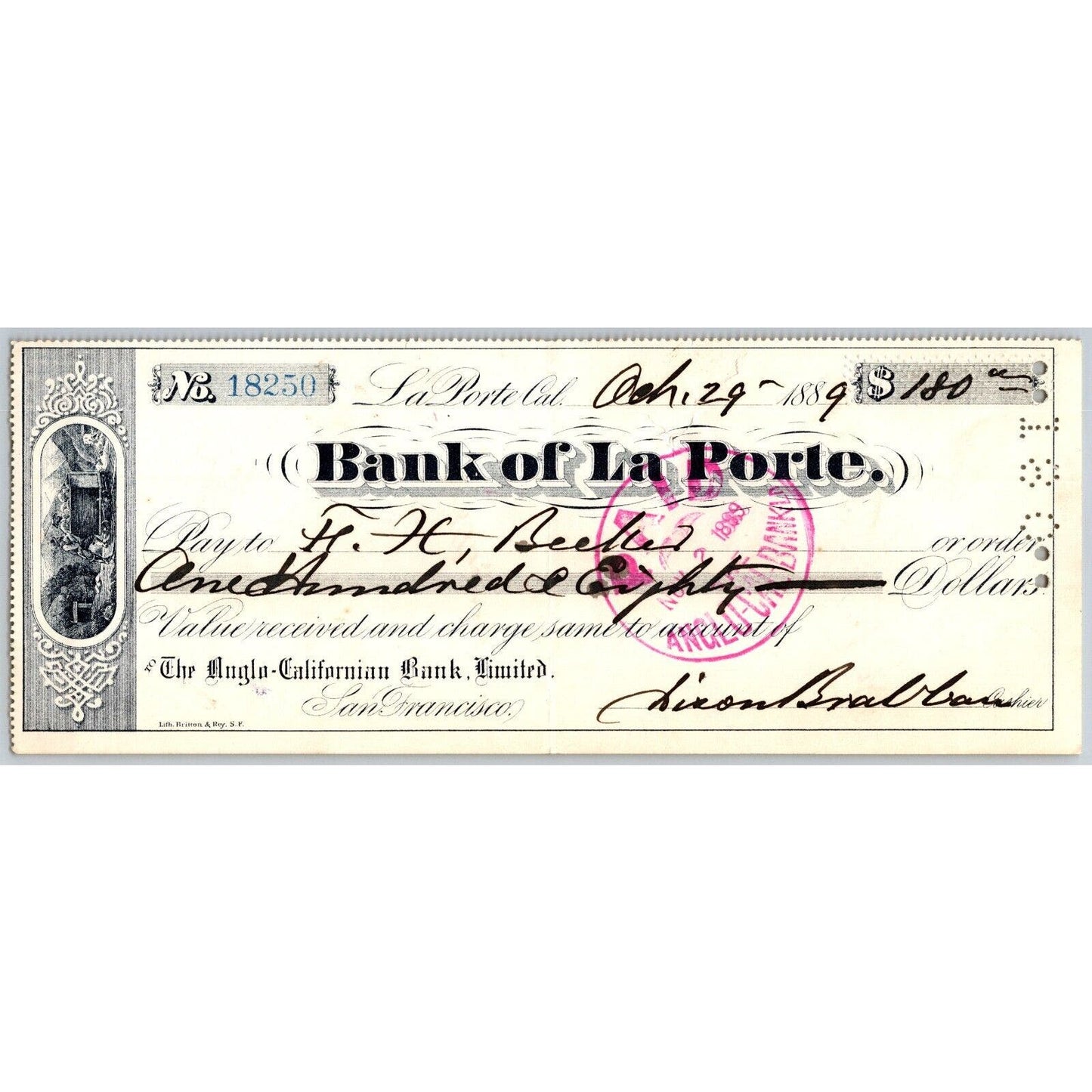 Bank of La Porte Check F.H. Becker 1889 Mining Vignette #18250