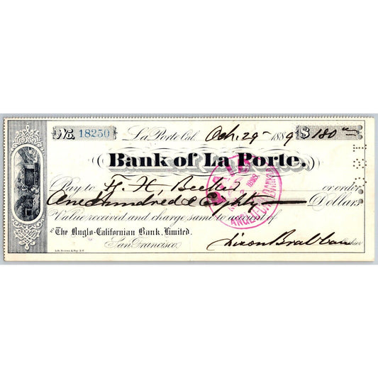 Bank of La Porte Check F.H. Becker 1889 Mining Vignette #18250